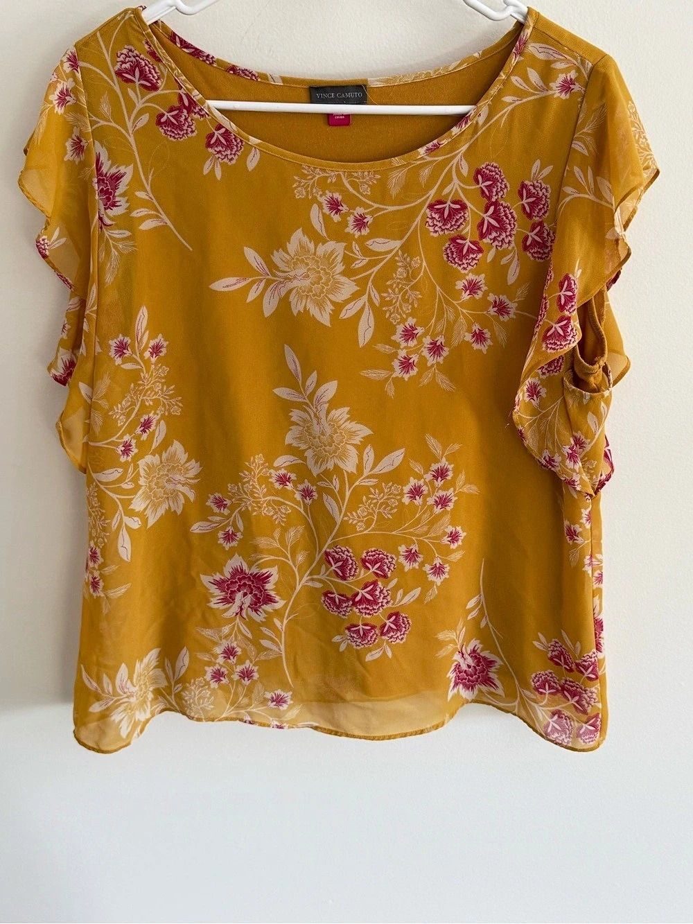 Vince Camuto Floral Flutter Sleeve Top Floral Blouse Yellow & Pink Medium